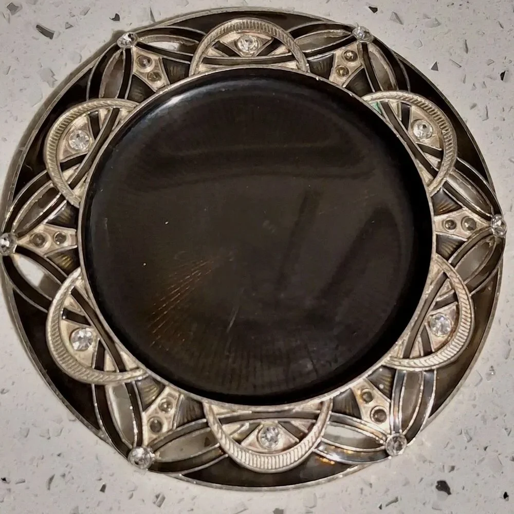 Wine Champagne Coaster Black Sliver Tone Metal Art Deco Enamel Crystal Accents